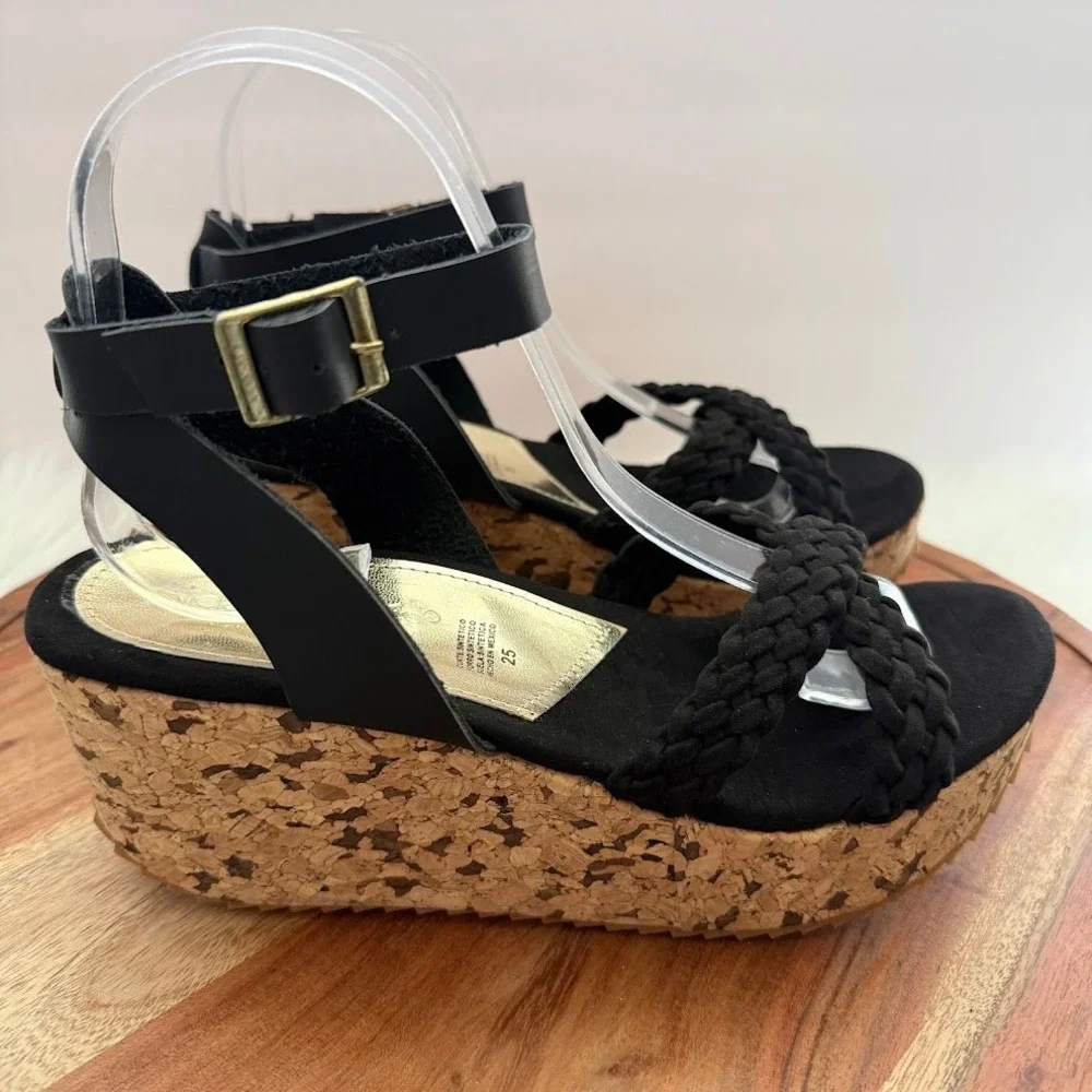 Alicia Leon Womens Black Braided Cork Size 8 Platform Wedge Sandals LIGHT WEIGHT